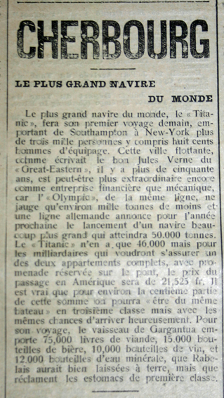 Archive du journal "Cherbourg Eclair" du 10 avril 1912 : article sur l'escale du Titanic